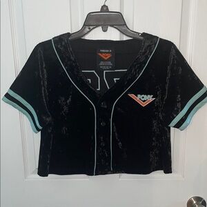 Forever 21/PONY Black Velveteen Button-Up Top with Teal Trim